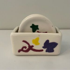 White Ceramic Coaster Set with Colorful Leaf Motif